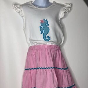 Shrimp & Grits girls seahorse pink gingham skirt outfit Sz 7-8